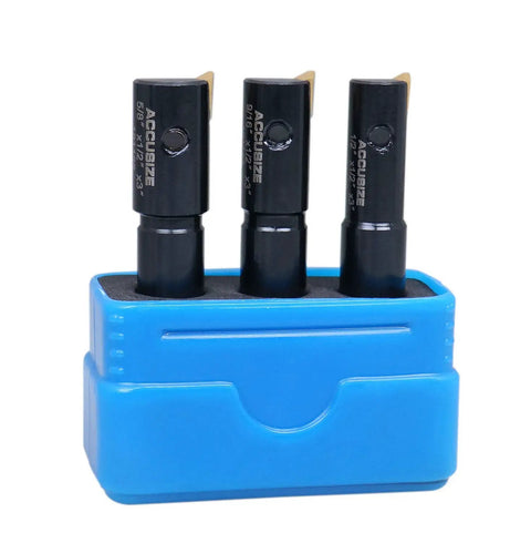 Three Piece Miniature Indexable End Mill Set With One Half Inch Shank And Three Inch Overall Length Includes One Half Inch, Nine Sixteenths Inch And Five Eighths Inch Cutters With Installed TPG22 Inserts In A Fitted Case