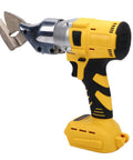 Jiawu Cordless Electric Metal Shears With 360 Degree Rotating Head, yellow handheld cutter, suitable for roofing and fabrication tasks.