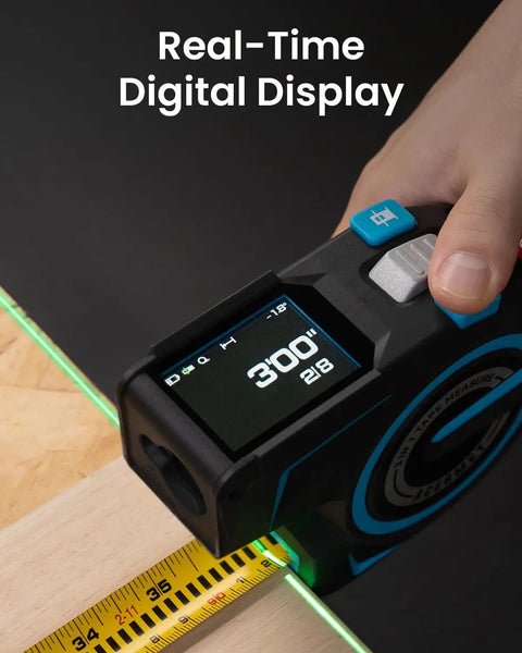 Digital Tape Measure With 12ft Tape And 330ft Laser Distance Meter Pro Grade Precision 1.5mm Dual Tape And Laser Measuring Tool For DIY Projects On Site Readouts Fast Accurate Measurements For Builders And Handypersons, digital display on wood