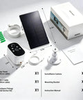 Two Pack 2K Wireless Solar Security Cameras With Straight Up Reliable Motion Tracking Day And Night Vision Plus A Durable Outer Shell showing included camera, solar panel, cables, and mounting hardware.