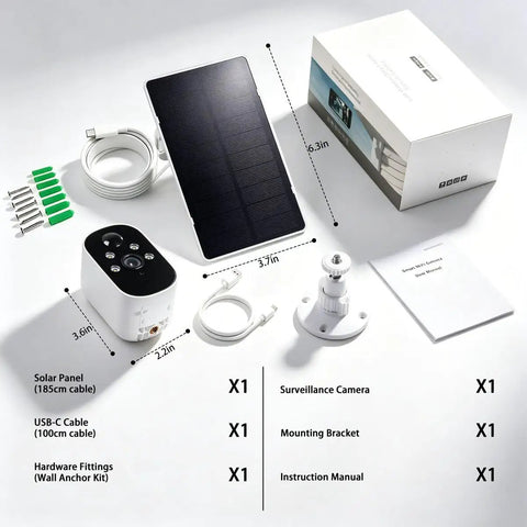 Two Pack 2K Wireless Solar Security Cameras With Straight Up Reliable Motion Tracking Day And Night Vision Plus A Durable Outer Shell showing included camera, solar panel, cables, and mounting hardware.