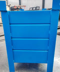 Heavy Duty Steel Storage Bin And Warehouse Turnover Box Built Tough As Nails For Shop Parts Organization Cold Rolled Metal Container With Hella Durable Powder Coating Heavy Load Industrial Workhorse 700X800X500Mm showing side view of blue container with four slots.