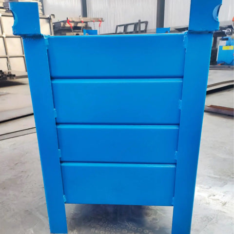 Heavy Duty Steel Storage Bin And Warehouse Turnover Box Built Tough As Nails For Shop Parts Organization Cold Rolled Metal Container With Hella Durable Powder Coating Heavy Load Industrial Workhorse 700X800X500Mm showing side view of blue container with four slots.