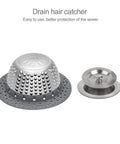 Hair Catcher For Tub And Shower Drains, Dome Shaped Drain Protector with stainless steel dome and silicone rim, shown next to pop-up drain.