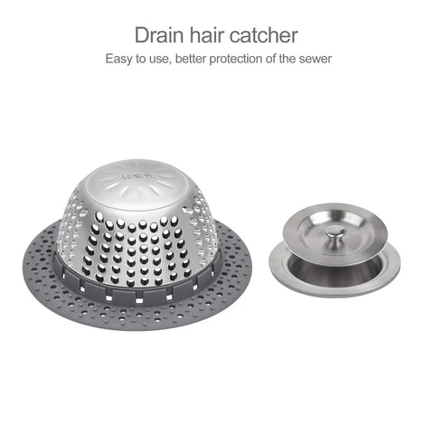 Hair Catcher For Tub And Shower Drains, Dome Shaped Drain Protector with stainless steel dome and silicone rim, shown next to pop-up drain.