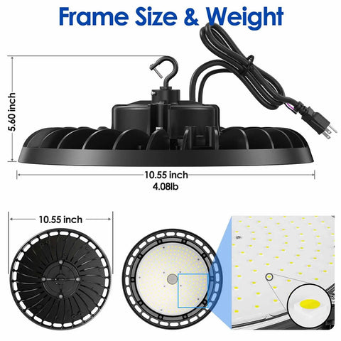 Led High Bay Light 150W Premium 4 Pack UFO Beast Bright Lighting For Garage Shop Warehouse with plug 5000K 21000lm size shown