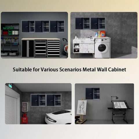 Various configurations of Garage-Ready Heavy Duty Metal Wall Cabinet With Door And Two Removable Shelves, Lockable, Wall Mounted for Workshop.