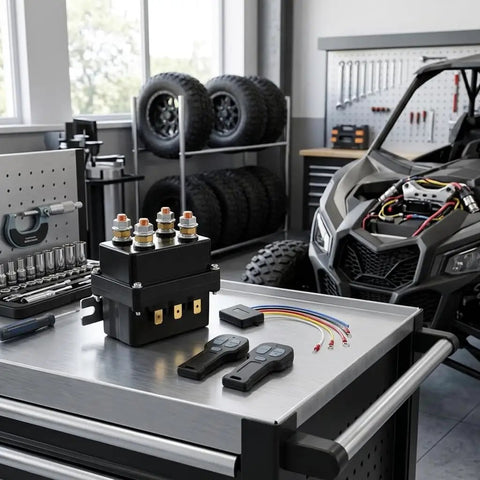 12V Wireless Winch Control Kit With 500A Relay And Dual Remotes For Trucks, SUVs, And ATVs Winches on workbench