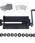 12 Inch Gear Drive Sheet Metal Bead Roller Machine With Bench Mount and 6 Die Set, manual crank handle, shown with sheets