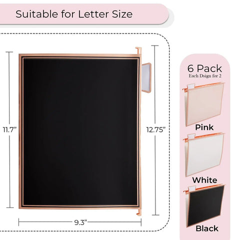 Rose Gold Hanging File Folders With Pockets Letter Size 6 Pack Decorative Cute Office Home School File Folders With One Fifth Cut Adjustable Tabs And Built In Pockets For Easy Storage And Organization, showing pink, white, black folders