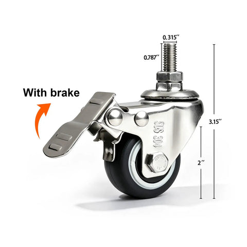Heavy Duty Swivel Casters With Locked Brakes For Boxwood Hedge Walls Roll Smooth Like Butter Four Pack Silent Non Marking Wheels Zero Floor Marks 265 Pound Load Each Steel Body Top Tier Garden Panel Kit close-up showing brake mechanism and dimensions.