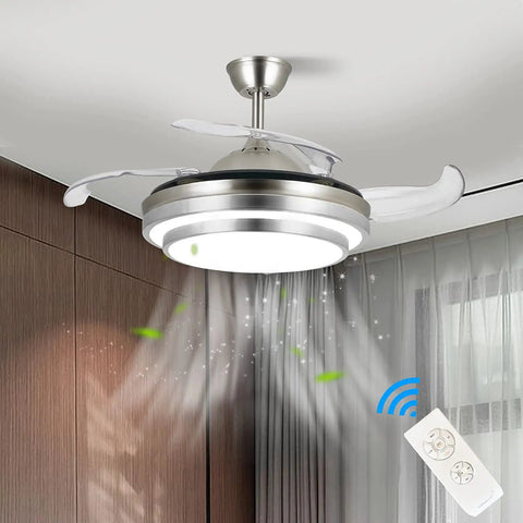 36 Inch Retractable Ceiling Fan With Lights And Remote Smart Dimmable Led Fandelier in a modern room