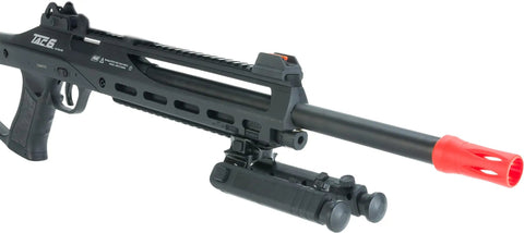 Tac6 CO2 Powered Airsoft Rifle with Bipod and Integrated Pointer Black Finish, showing long Picatinny rail and folding bipod