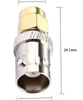 Close-up of 2 Pack SMA Male To BNC Female RF Coaxial Adapter with dimensions for 50 Ohm impedance, copper connector, high reliability