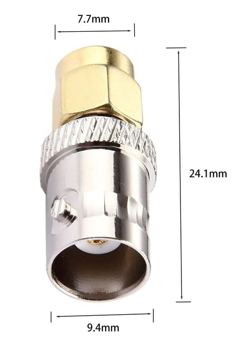Close-up of 2 Pack SMA Male To BNC Female RF Coaxial Adapter with dimensions for 50 Ohm impedance, copper connector, high reliability