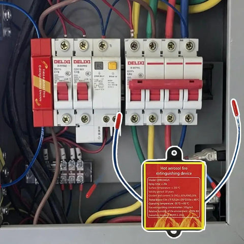 Heat Activated Auto Fire Extinguisher Sticker For Car Engine And Electric Battery Bay Tough As Nails Flame Suppressant Pad showcasing installation in a junction box.