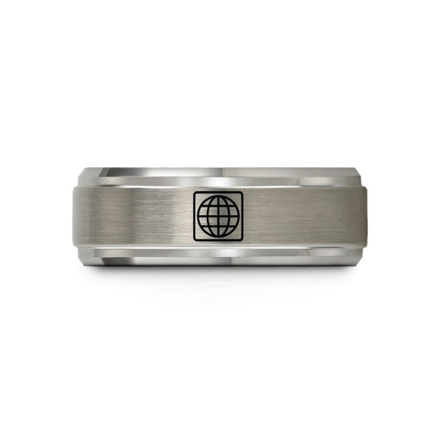 Straight Fly Tungsten Carbide Ring With Latitude Longitude Grid Map Design, silver plated with globe engraving.