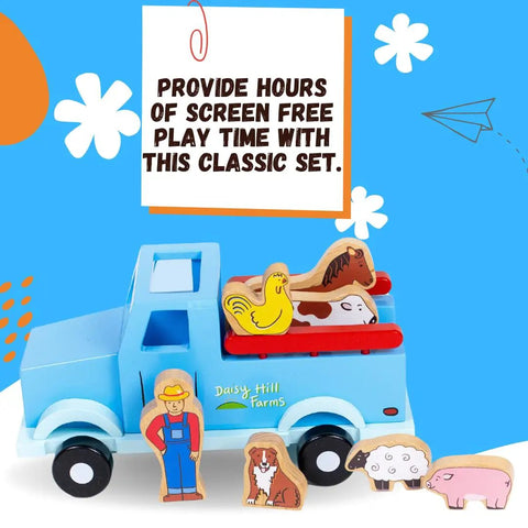 Down on the Farm Magnetic Truck Playset With 7 Barnyard Figures, Old School Wooden Pickup for Screen Free Imaginative Play