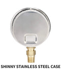 Front view of a 2.5-inch dial pressure gauge with a shiny stainless steel case and brass 1/4-inch NPT lower mount