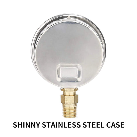 Front view of a 2.5-inch dial pressure gauge with a shiny stainless steel case and brass 1/4-inch NPT lower mount
