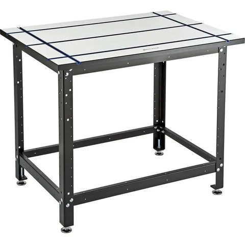 Built Legit Aluminum T Track Table Top Measuring Twenty Eight By Forty Inches with precision T slots for clamping in a workshop.