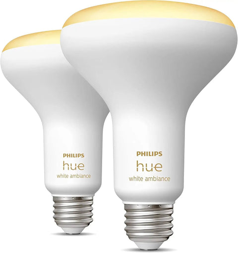 Two White Ambiance BR30 LED Smart Bulbs with Bluetooth Control, offering crisp warm to cool white lighting, 2-pack, compatible with Alexa.
