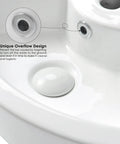 Close-up of white Space Saver Corner Bathroom Sink 18 By 13 Ceramic Vessel With Wall Mount Pop Up Drain Installation Kit showing overflow feature.