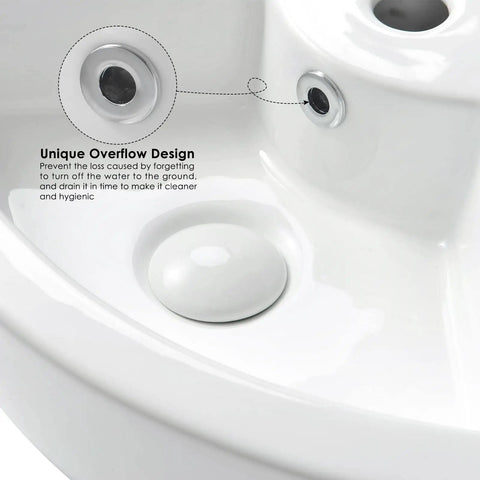 Close-up of the drain and overflow of a 16 Inch Round Vessel Sink With Pop Up Drain Cool Matte Black Exterior White Interior Ceramic Vessel Sink Above Counter For Modern Bathrooms European Sleek Style Eye Catching Vanity Upgrade.