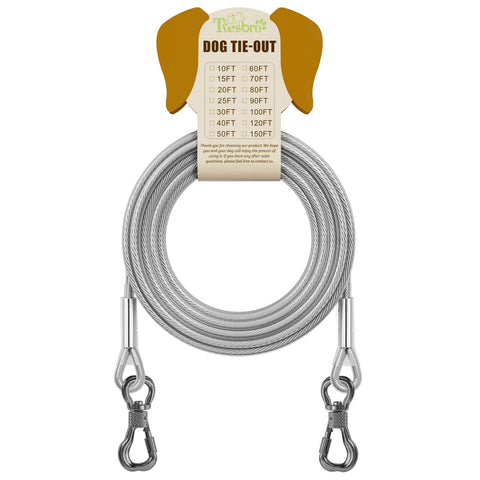15Ft Reflective Tie Out Cable For Dogs Up To 250 Pounds with dual fix buckle, coiled and displayed with packaging