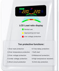 Front view of 1000W Step Up Transformer 120V To 240V Power Converter with LCD load display and ten protection functions listed.