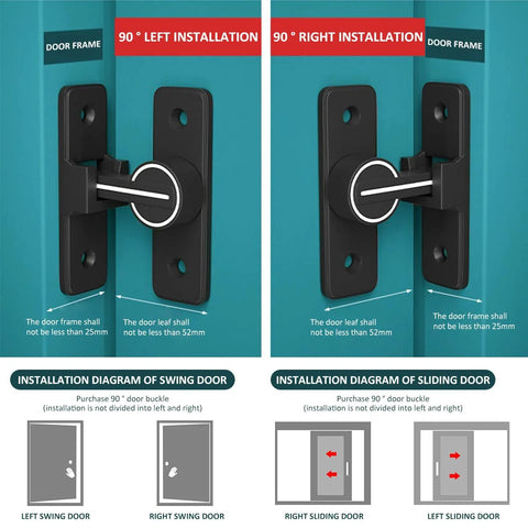 Installation diagram of 90 Degree Heavy Duty Barn Door Latch Lock For Cabinets Sliding Doors And Barn Doors Zinc Alloy.