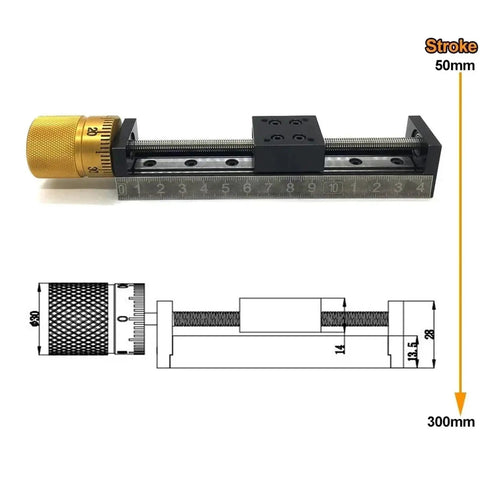 Image of Badass T Type Cnc Linear Slide Table With Mini Xyz Actuator Stage, 50mm stroke, featuring a golden knob and metal guides.