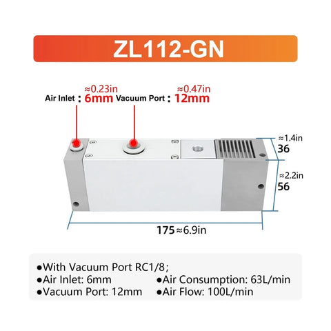 Total Game Changer Pneumatic Vacuum Generator And Multi Stage Vacuum Ejector For Industrial High Flow Suction Pumps, dimensions shown.