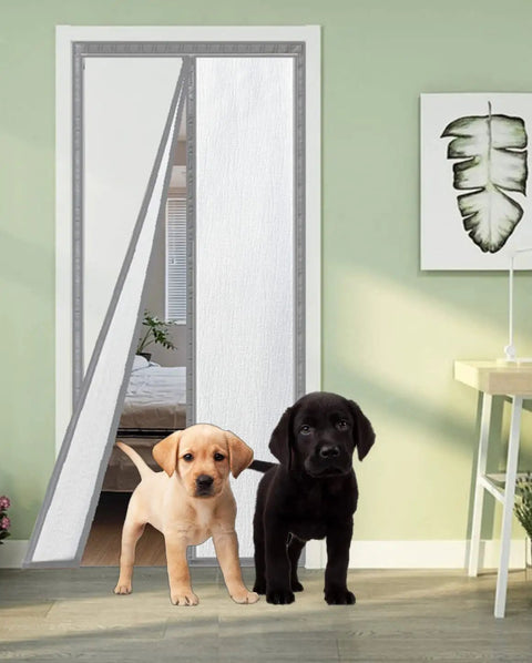 Two puppies in front of an Insulated Door Screen With Full Blackout Thermal Shield by a green wall.