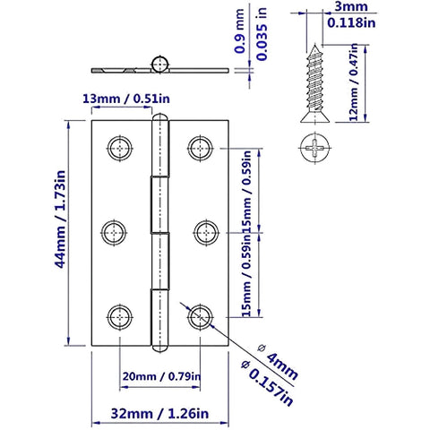 2-inch stainless steel folding hinge set for wooden boxes; 20 pcs with 120 screws
