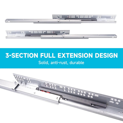 Focus keyword: Six Pairs 21 Inch Undermount Soft Close Drawer Slides With Full Extension Ball Bearing Rails Includes 3D Adjustable Locking Devices And Brackets For Easy Install. Image shows metallic slides detailed view highlighting full extension design.