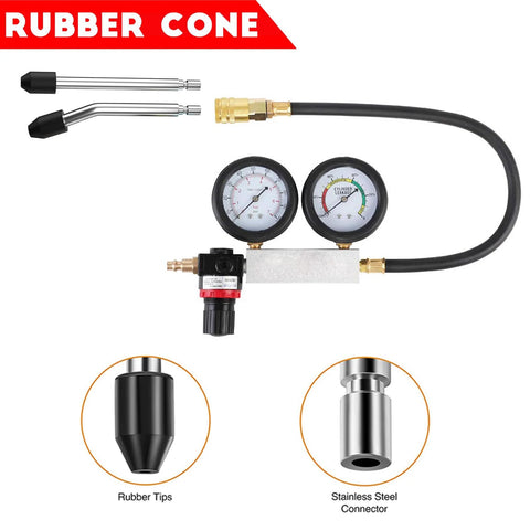 Altivox cylinder leak-down tester kit with dual gauges and hose; includes rubber tips and stainless connector.