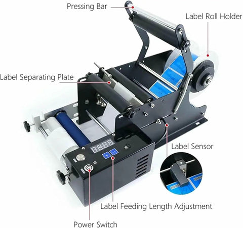 No Sweat Manual Labeling Machine And Label Applicator for Round Glass Plastic Bottles showing pressing bar, gears, and sensors.