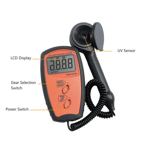 Portable Light Meter A B Tester With LCD Display, Illuminometer For Lamp Testing And More, Measures Light Intensity 0 To 40mW And UV 290 To 390nm, Easy To Use Interface, Great For Home Lab And Field Tech Tasks, handheld UV sensor with coiled probe