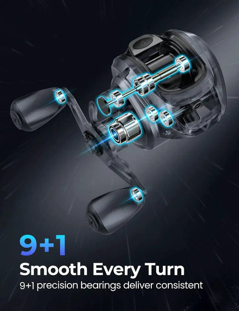Torrent Lite Ultra Light Baitcasting Reel With Carbon Body, 9+1 bearing design, smooth handling for bass fishing.