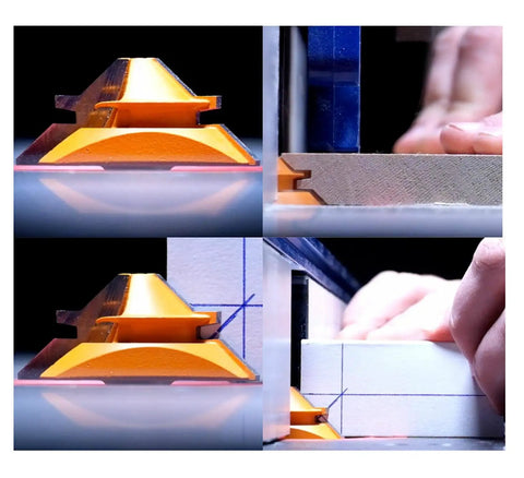 Close-up of Lock Miter Router Bits and Tongue and Groove Set with One Quarter Inch Shank in use for precise joints