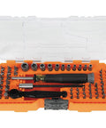 64 Piece Micro Ratchet Bit Set With Low Profile Magnetic Driver And Modular Case Includes Precision Bits Standard Bits Nut Drivers And Bit Holder For Versatile Real World Projects And Everyday Repairs in open orange case