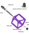 Exploded view of durable nylon mountain bike pedals with DU bearings, chrome-molybdenum shaft, and grippy purple color, 9/16 inch thread.