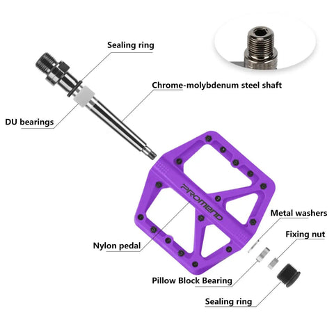 Exploded view of durable nylon mountain bike pedals with DU bearings, chrome-molybdenum shaft, and grippy purple color, 9/16 inch thread.