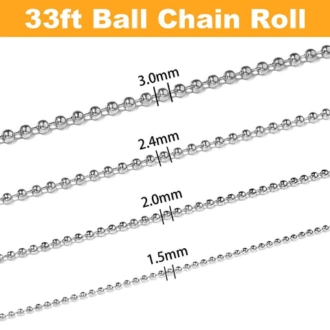 33Ft 2.4mm Dope Silver Stainless Steel Ball Chain Roll With Bead Link For Beaded Dog Tag Necklaces And DIY Bracelets Keychains, Pull Chain Jewelry Making Supplies For Men, Premium Metal Includes 20 Connectors. 2.4mm silver stainless steel ball chain roll