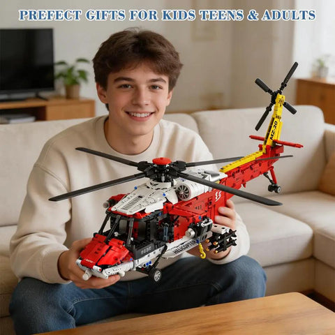 Person holding Rescue Helicopter Building Block Set With 1528 Pieces And Motorized Rotors Realistic Gear System Transport Copter Toy For Adults And Kids Collectible RC Army Airplane Model Kit Ages 8 And Up