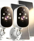 Two Pack 2K Wireless Solar Security Cameras With Straight Up Reliable Motion Tracking Day And Night Vision Plus A Durable Outer Shell.