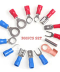 Top Notch 300 Pcs Assorted Wire Crimp Terminals Kit With Insulated Spade Fork Ring Butt Connectors In Red And Blue Copper Colors For All Your Electrical Wiring Jobs.