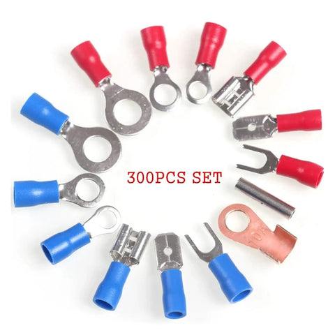 Top Notch 300 Pcs Assorted Wire Crimp Terminals Kit With Insulated Spade Fork Ring Butt Connectors In Red And Blue Copper Colors For All Your Electrical Wiring Jobs.