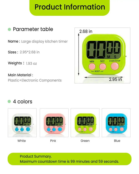 Product information for Two Pack Large Screen Digital Timers with sizes, colors, and features